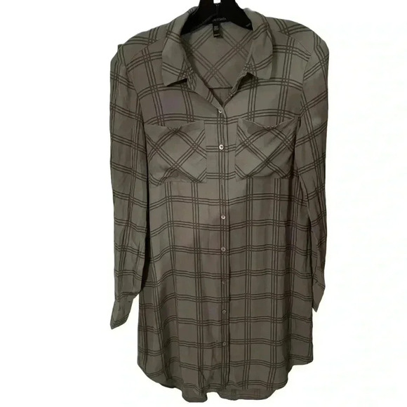 Eileen Fisher silk gray plaid button up short dress size XXS perfect condition - Picture 1 of 9